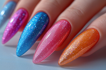 Nail design on shiny nail polish, fashionable pink manicure, AI Generated illustrationの素材
