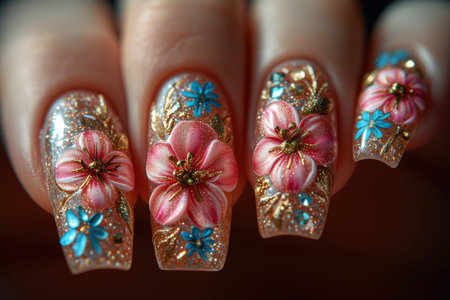 Nail design on shiny nail polish with flowers, fashionable multi colored art manicure, AI Generated illustrationの素材
