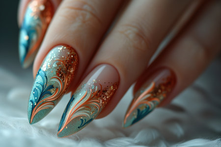Nail design on shiny nail polish, fashionable multi colored art manicure, AI Generated illustrationの素材