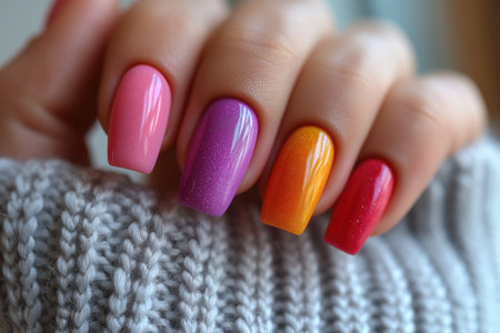 Nail design on shiny nail polish, fashionable pink manicure, AI Generated illustrationの素材