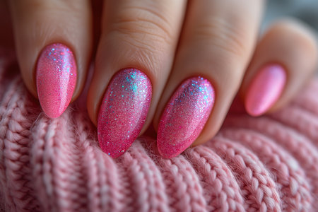 Nail design on shiny nail polish, fashionable pink manicure, AI Generated illustrationの素材