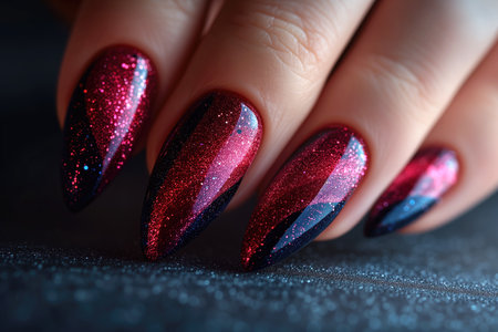 Nail design on shiny nail polish, fashionable red and black manicure, AI Generated illustrationの素材