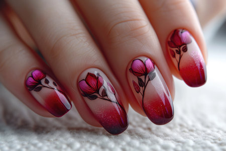 Nail design on shiny nail polish with flowers, fashionable multi colored art manicure, AI Generated illustrationの素材