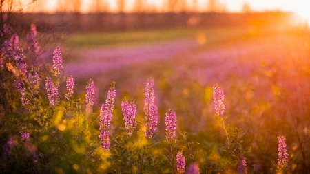 Heather field, spring flowers on a green meadow with contoured sunlight, beautiful wallpaper with bokeh, springtime, AI Generated illustrationの素材