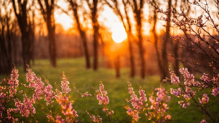 Heather field, spring flowers on a green meadow with contoured sunlight, beautiful wallpaper with bokeh, springtime, AI Generated illustrationの素材