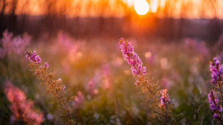 Heather field, spring flowers on a green meadow with contoured sunlight, beautiful wallpaper with bokeh, springtime, AI Generated illustrationの素材
