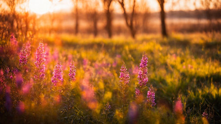 Heather field, spring flowers on a green meadow with contoured sunlight, beautiful wallpaper with bokeh, springtime, AI Generated illustrationの素材