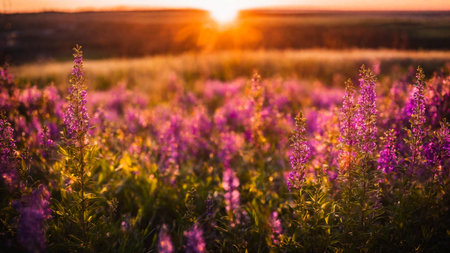 Heather field, spring flowers on a green meadow with contoured sunlight, beautiful wallpaper with bokeh, springtime, AI Generated illustrationの素材