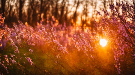 Heather field, spring flowers on a green meadow with contoured sunlight, beautiful wallpaper with bokeh, springtime, AI Generated illustrationの素材