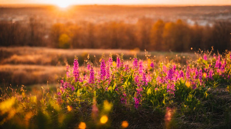 Heather field, spring flowers on a green meadow with contoured sunlight, beautiful wallpaper with bokeh, springtime, AI Generated illustrationの素材