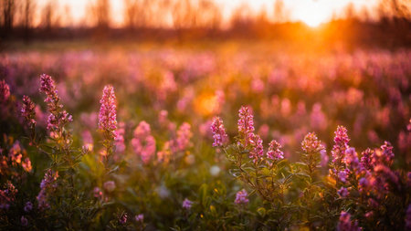 Heather field, spring flowers on a green meadow with contoured sunlight, beautiful wallpaper with bokeh, springtime, AI Generated illustrationの素材