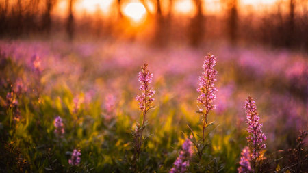 Heather field, spring flowers on a green meadow with contoured sunlight, beautiful wallpaper with bokeh, springtime, AI Generated illustrationの素材