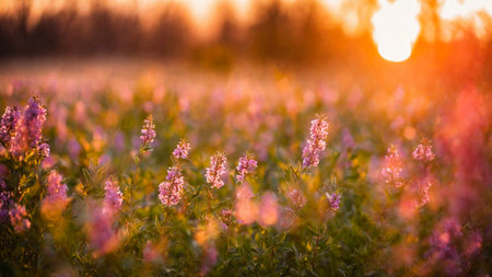 Heather field, spring flowers on a green meadow with contoured sunlight, beautiful wallpaper with bokeh, springtime, AI Generated illustrationの素材