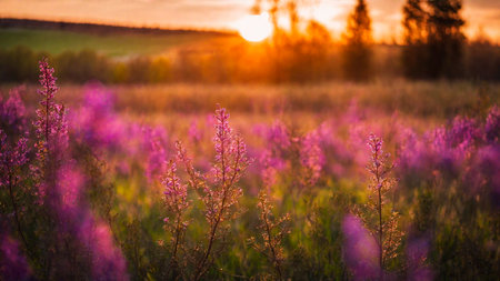 Heather field, spring flowers on a green meadow with contoured sunlight, beautiful wallpaper with bokeh, springtime, AI Generated illustrationの素材