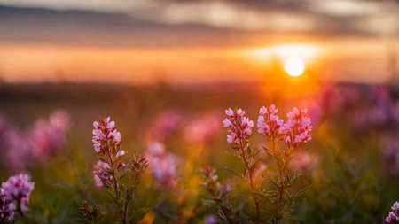 Heather field, spring flowers on a green meadow with contoured sunlight, beautiful wallpaper with bokeh, springtime, AI Generated illustrationの素材
