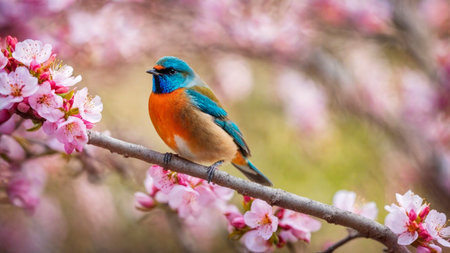 Little spring bird on a branch of a blossoming tree, blooming pink flowers, songbird in springtime, AI Generated illustrationの素材