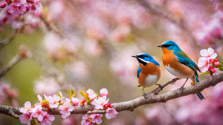 Little spring bird on a branch of a blossoming tree, blooming pink flowers, songbird in springtime, AI Generated illustrationの素材