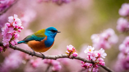 Little spring bird on a branch of a blossoming tree, blooming pink flowers, songbird in springtime, AI Generated illustrationの素材
