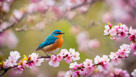 Little spring bird on a branch of a blossoming tree, blooming pink flowers, songbird in springtime, AI Generated illustrationの素材