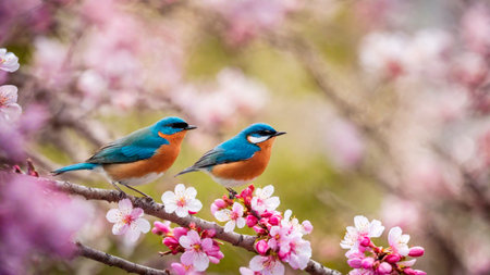 Little spring bird on a branch of a blossoming tree, blooming pink flowers, songbird in springtime, AI Generated illustrationの素材
