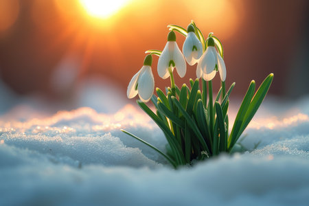 The first sprouts of new life in spring, snowdrop flowers growing in the snow, green plant leaves in springtime, AI Generated illustrationの素材