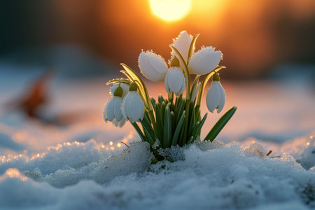The first sprouts of new life in spring, snowdrop flowers growing in the snow, green plant leaves in springtime, AI Generated illustrationの素材