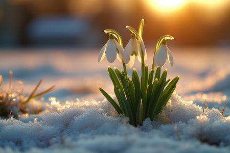 The first sprouts of new life in spring, snowdrop flowers growing in the snow, green plant leaves in springtime, AI Generated illustrationの素材
