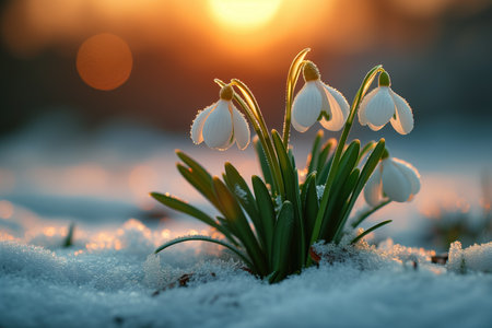 The first sprouts of new life in spring, snowdrop flowers growing in the snow, green plant leaves in springtime, AI Generated illustrationの素材