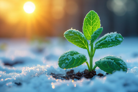 The first sprouts of new life in spring, snowdrop growing in the snow, green plant leaves in springtime, seed germination, sunlight, AI Generated illustrationの素材