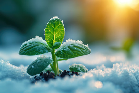 The first sprouts of new life in spring, snowdrop growing in the snow, green plant leaves in springtime, seed germination, sunlight, AI Generated illustrationの素材