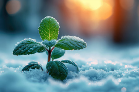 The first sprouts of new life in spring, snowdrop growing in the snow, green plant leaves in springtime, seed germination, sunlight, AI Generated illustrationの素材