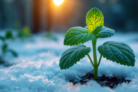 The first sprouts of new life in spring, snowdrop growing in the snow, green plant leaves in springtime, seed germination, sunlight, AI Generated illustrationの素材