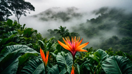 Flower in spring tropical rainforest, clouds over a wet forest, plant growth and environmental protection concept, wild jungle, springtime, AI Generated illustrationの素材