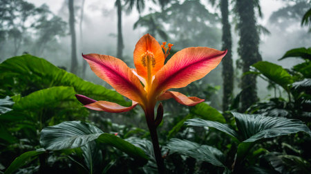Flower in spring tropical rainforest, clouds over a wet forest, plant growth and environmental protection concept, wild jungle, springtime, AI Generated illustrationの素材