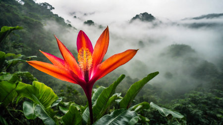 Flower in spring tropical rainforest, clouds over a wet forest, plant growth and environmental protection concept, wild jungle, springtime, AI Generated illustrationの素材