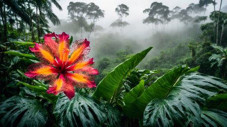 Flower in spring tropical rainforest, clouds over a wet forest, plant growth and environmental protection concept, wild jungle, springtime, AI Generated illustrationの素材