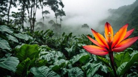 Flower in spring tropical rainforest, clouds over a wet forest, plant growth and environmental protection concept, wild jungle, springtime, AI Generated illustrationの素材