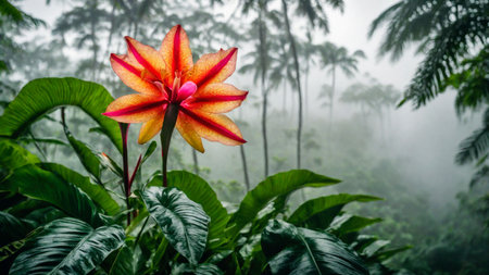 Flower in spring tropical rainforest, clouds over a wet forest, plant growth and environmental protection concept, wild jungle, springtime, AI Generated illustration