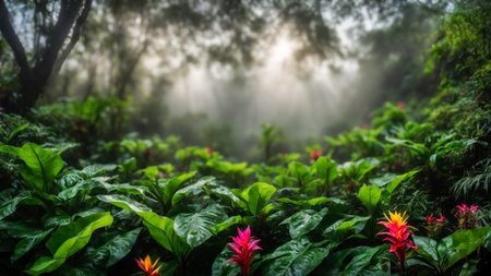 Flowers in spring tropical rainforest, fog in a wet forest, plant growth and environmental protection concept, wild jungle, springtime, AI Generated illustrationの素材