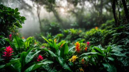 Flowers in spring tropical rainforest, fog in a wet forest, plant growth and environmental protection concept, wild jungle, springtime, AI Generated illustrationの素材