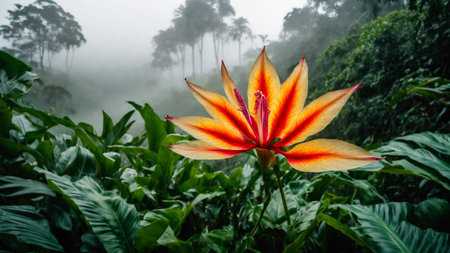 Flower in spring tropical rainforest, clouds over a wet forest, plant growth and environmental protection concept, wild jungle, springtime, AI Generated illustrationの素材