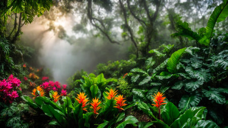 Flowers in spring tropical rainforest, fog in a wet forest, plant growth and environmental protection concept, wild jungle, springtime, AI Generated illustrationの素材