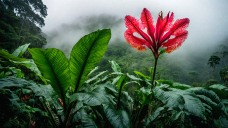 Flower in spring tropical rainforest, clouds over a wet forest, plant growth and environmental protection concept, wild jungle, springtime, AI Generated illustrationの素材
