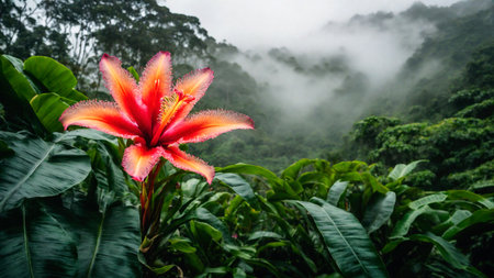 Flower in spring tropical rainforest, clouds over a wet forest, plant growth and environmental protection concept, wild jungle, springtime, AI Generated illustrationの素材