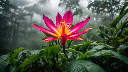 Flower in spring tropical rainforest, clouds over a wet forest, plant growth and environmental protection concept, wild jungle, springtime, AI Generated illustrationの素材