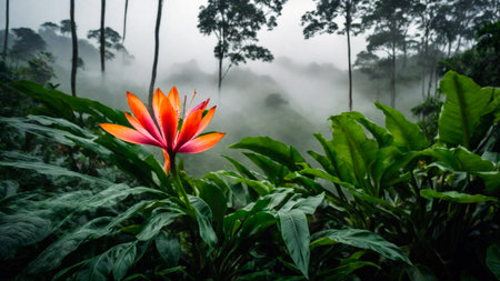 Flower in spring tropical rainforest, clouds over a wet forest, plant growth and environmental protection concept, wild jungle, springtime, AI Generated illustrationの素材