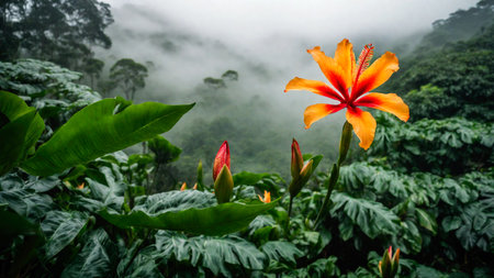 Flower in spring tropical rainforest, clouds over a wet forest, plant growth and environmental protection concept, wild jungle, springtime, AI Generated illustrationの素材