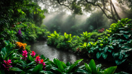 Flowers in spring tropical rainforest, fog over a river in a wet forest, plant growth and environmental protection concept, wild jungle, springtime, AI Generated illustrationの素材