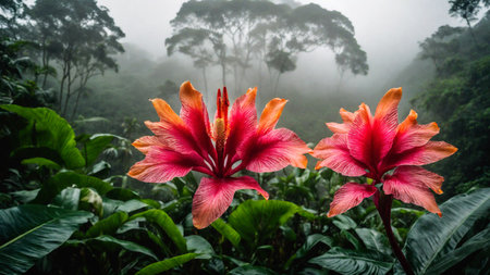 Flower in spring tropical rainforest, clouds over a wet forest, plant growth and environmental protection concept, wild jungle, springtime, AI Generated illustrationの素材