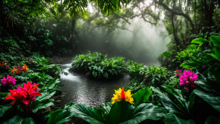 Flowers in spring tropical rainforest, fog over a river in a wet forest, plant growth and environmental protection concept, wild jungle, springtime, AI Generated illustrationの素材